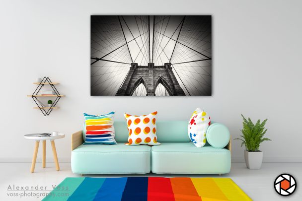 The Brooklyn Bridge as a classic canvas print in black and white.
