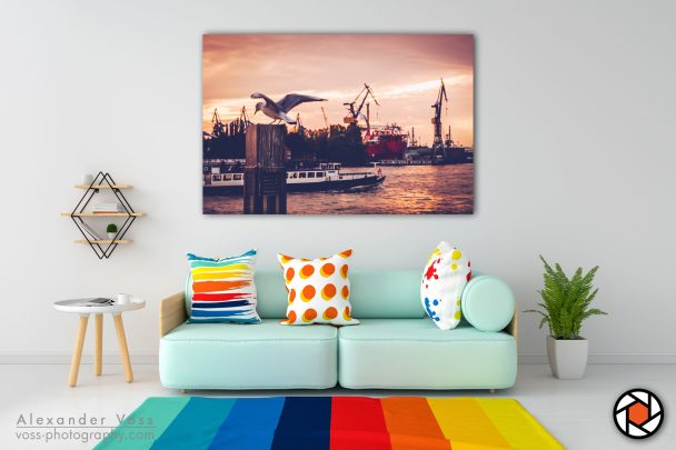 Hamburg harbour as a canvas print will put a smile on your face every day.